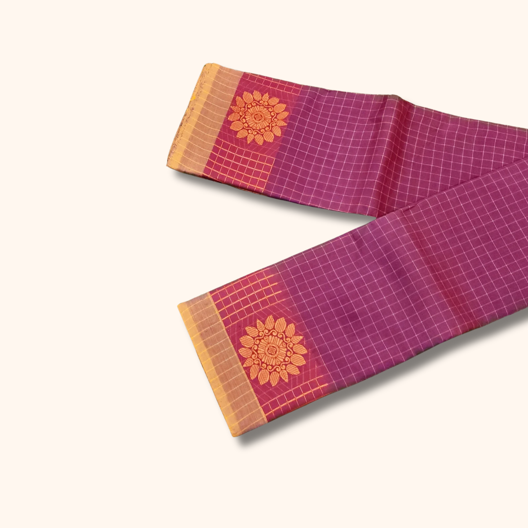 Wine Purple Checked Chettinad Cotton Saree with Gold Zari Border