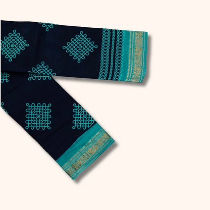 Navy Blue Kolam Sungudi Cotton Saree with Turquoise Border