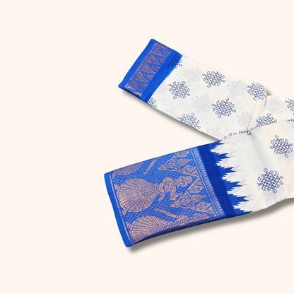White Kolam Print Cotton Saree with Royal Blue Dancing Girl Border