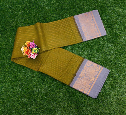 Beautiful Olive Green Cotton Saree with Gold Zari Border