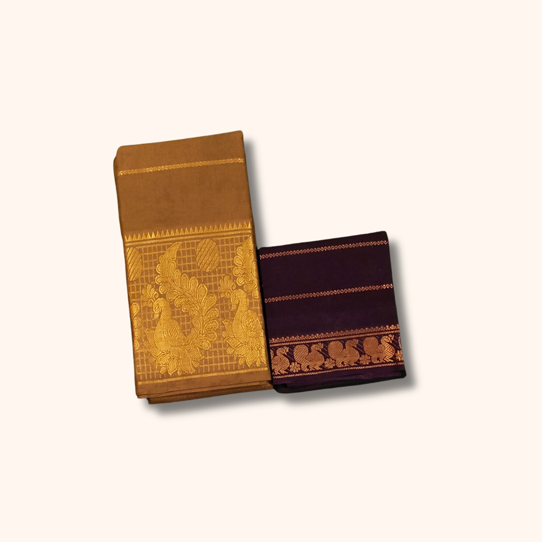 Coffee Brown Cotton Saree with Dark Purple Contrast Blouse & Elephant Zari Border