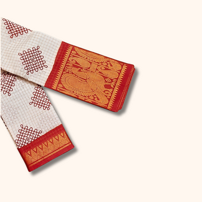 White Kolam Design Saree with rust orange & Golden Zari Border – No Blouse