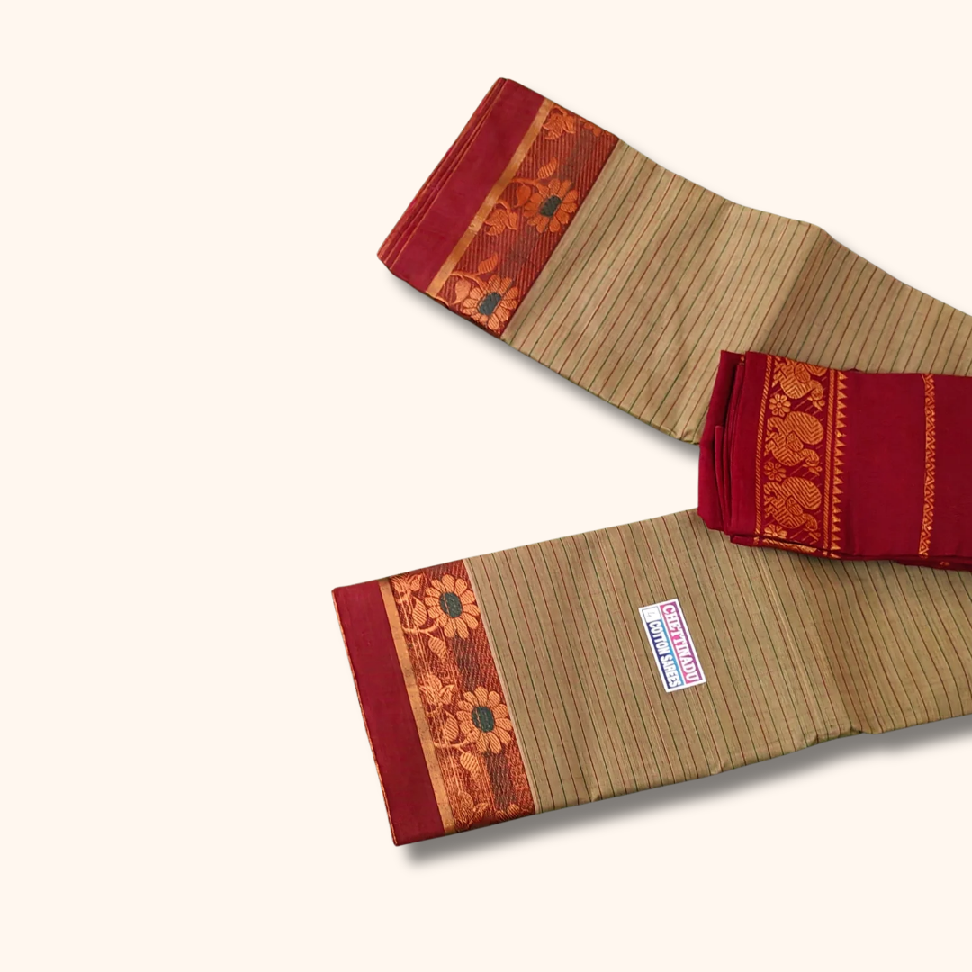 Beige Striped Chettinad Cotton Saree with Maroon Floral Border