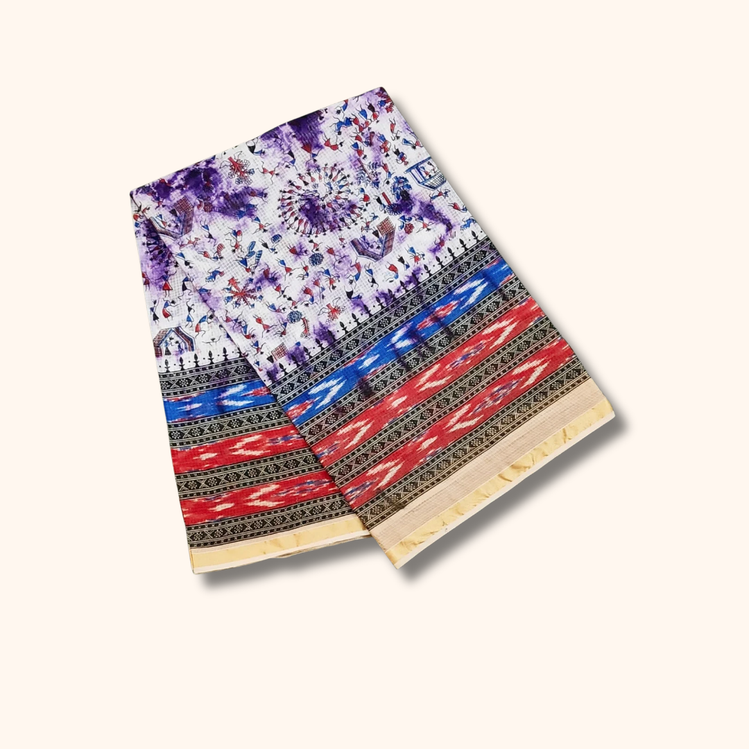 White Floral Printed Cotton Saree with Multicolour Ikat Border – Separate Blouse