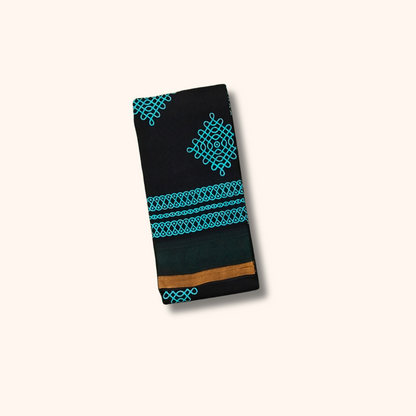 Black Kolam Print Cotton Saree with Dark Green Border
