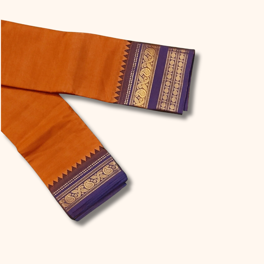Orange Chettinad Cotton Saree with Purple Temple Border