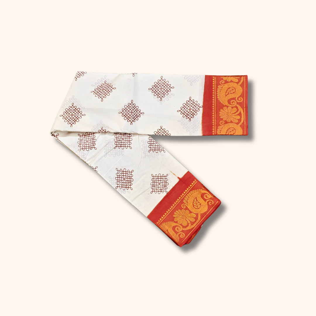 White Pure Sungudi Cotton Saree with Maroon Kolam Motifs & Red Gold Floral Border