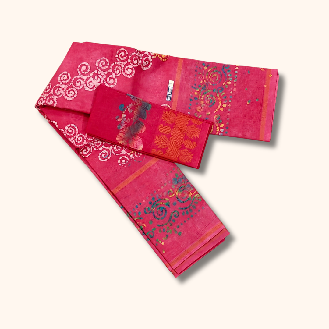 Rani Pink Sungudi Cotton Saree with Multicolor Batik Floral Border & Contrast Pallu