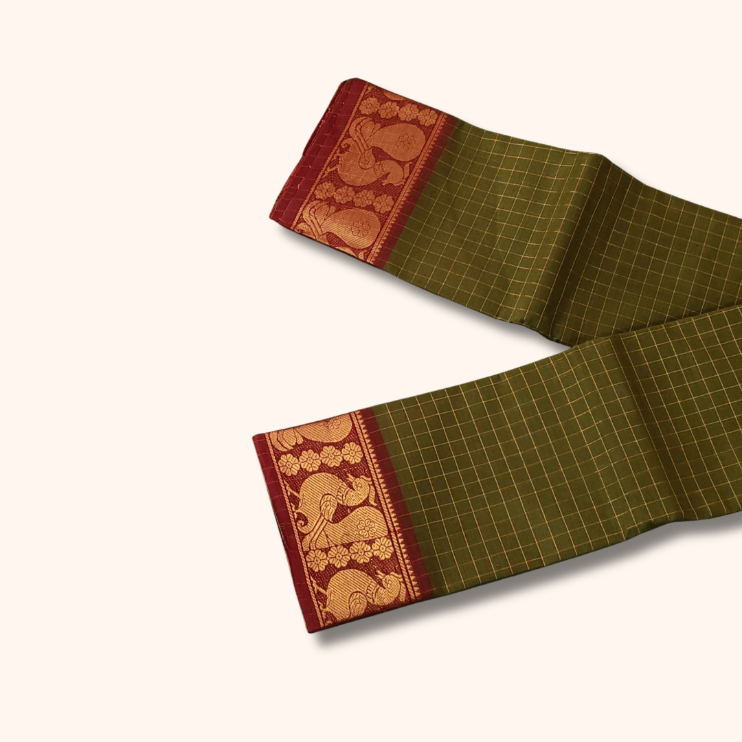 Beautiful Olive Green Checked Chettinad Cotton Saree