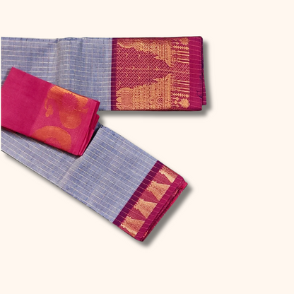Sky Blue Temple Border Chettinad Cotton Saree with Pink Blouse Piece