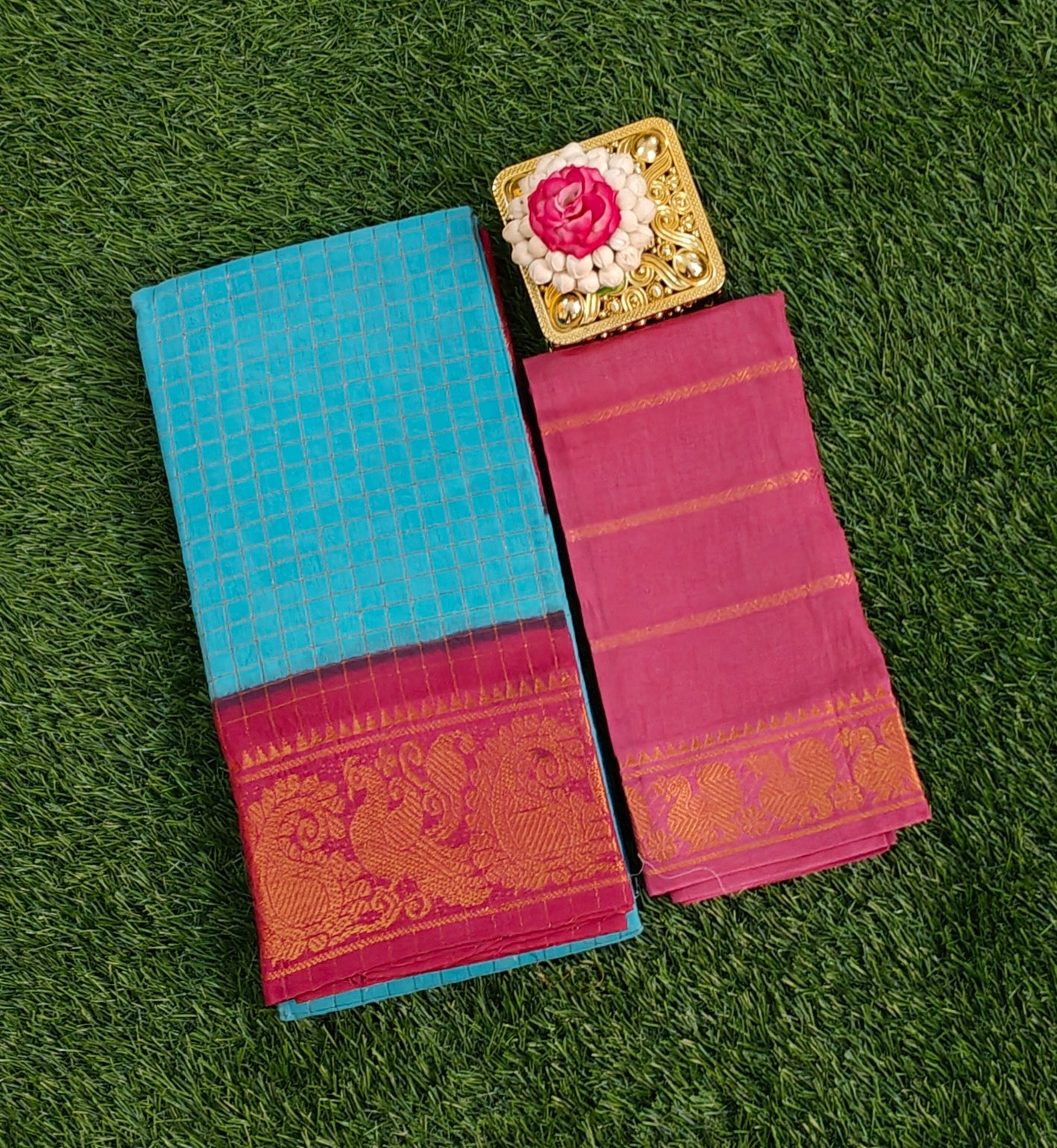 Sky Blue Sungudi Cotton Saree with Maroon Zari Border