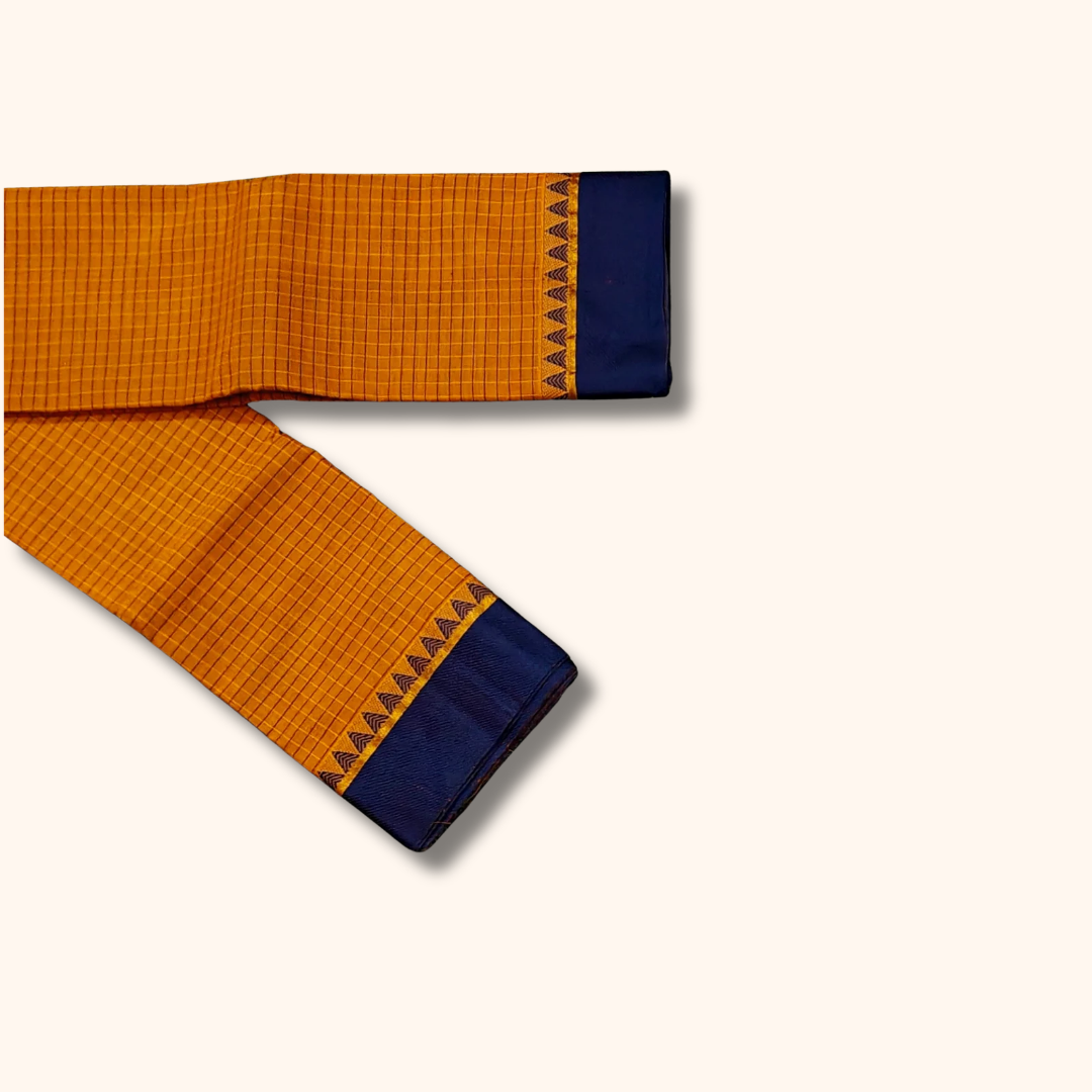 Mustard Yellow Chettinad Cotton Saree with Traditional Navy Blue Border