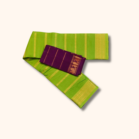 Parrot Green Sungudi Cotton Saree with Purple Blouse – Separate Blouse Piece