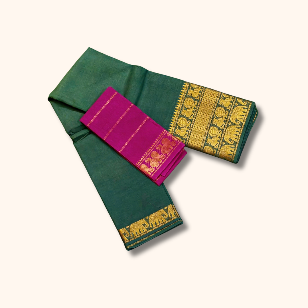 Bottle Green Pure Cotton Saree with Magenta Contrast Blouse