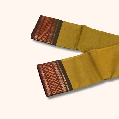 Mustard Yellow Chettinad Cotton Saree with Maroon Traditional Border