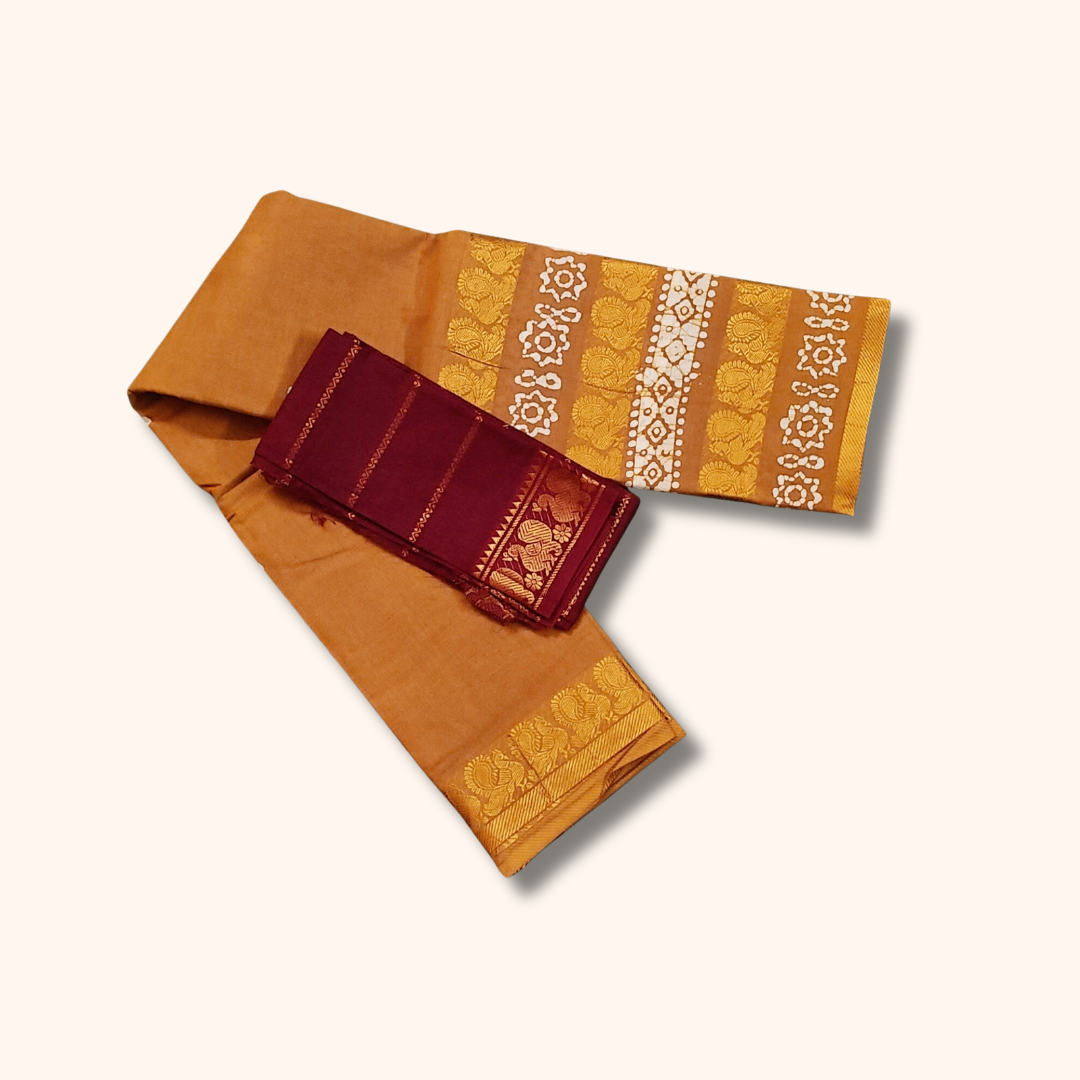 Mustard Yellow Pure Cotton Printed Saree with Maroon Contrast Blouse