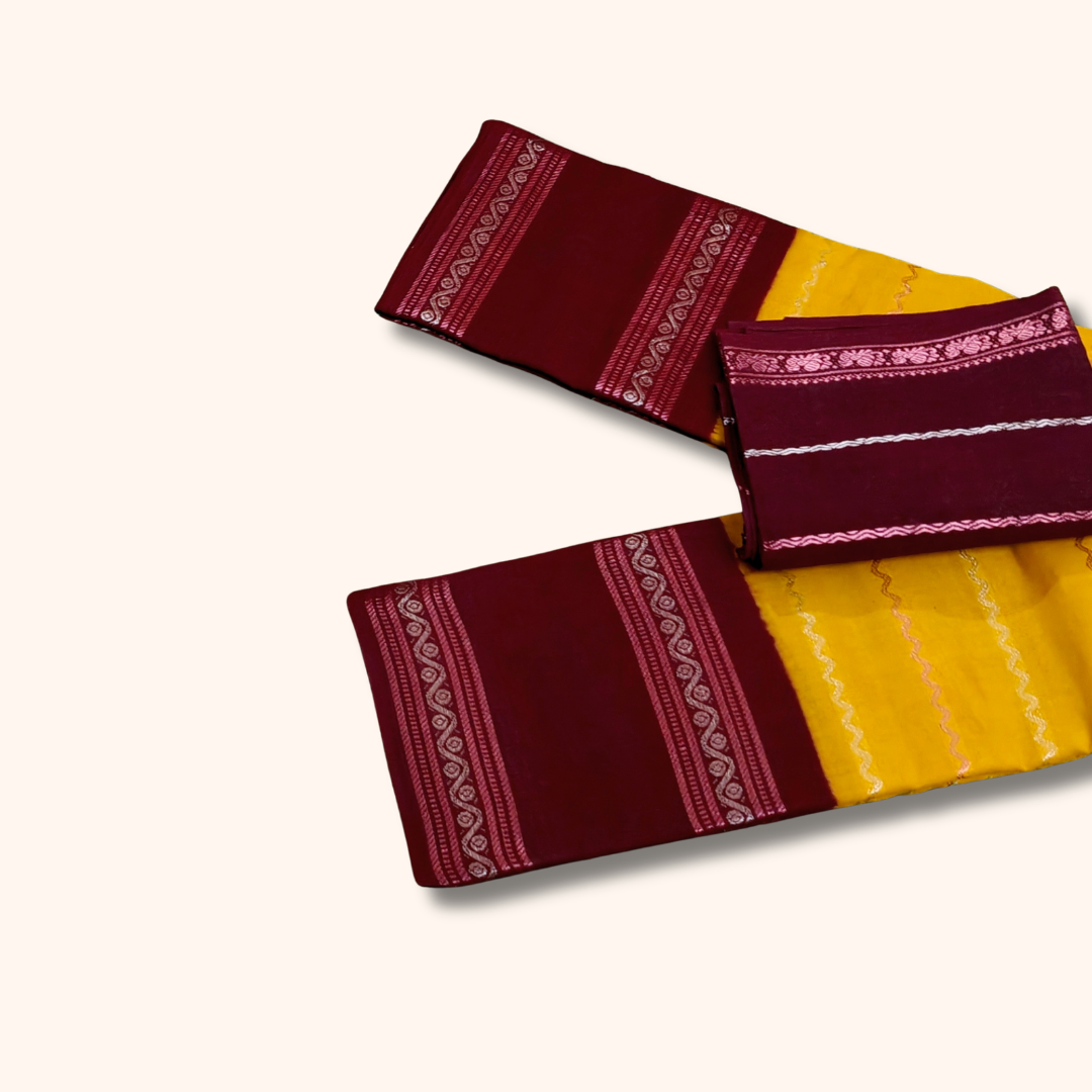 Mustard Yellow Cotton Saree with Maroon Contrast Blouse