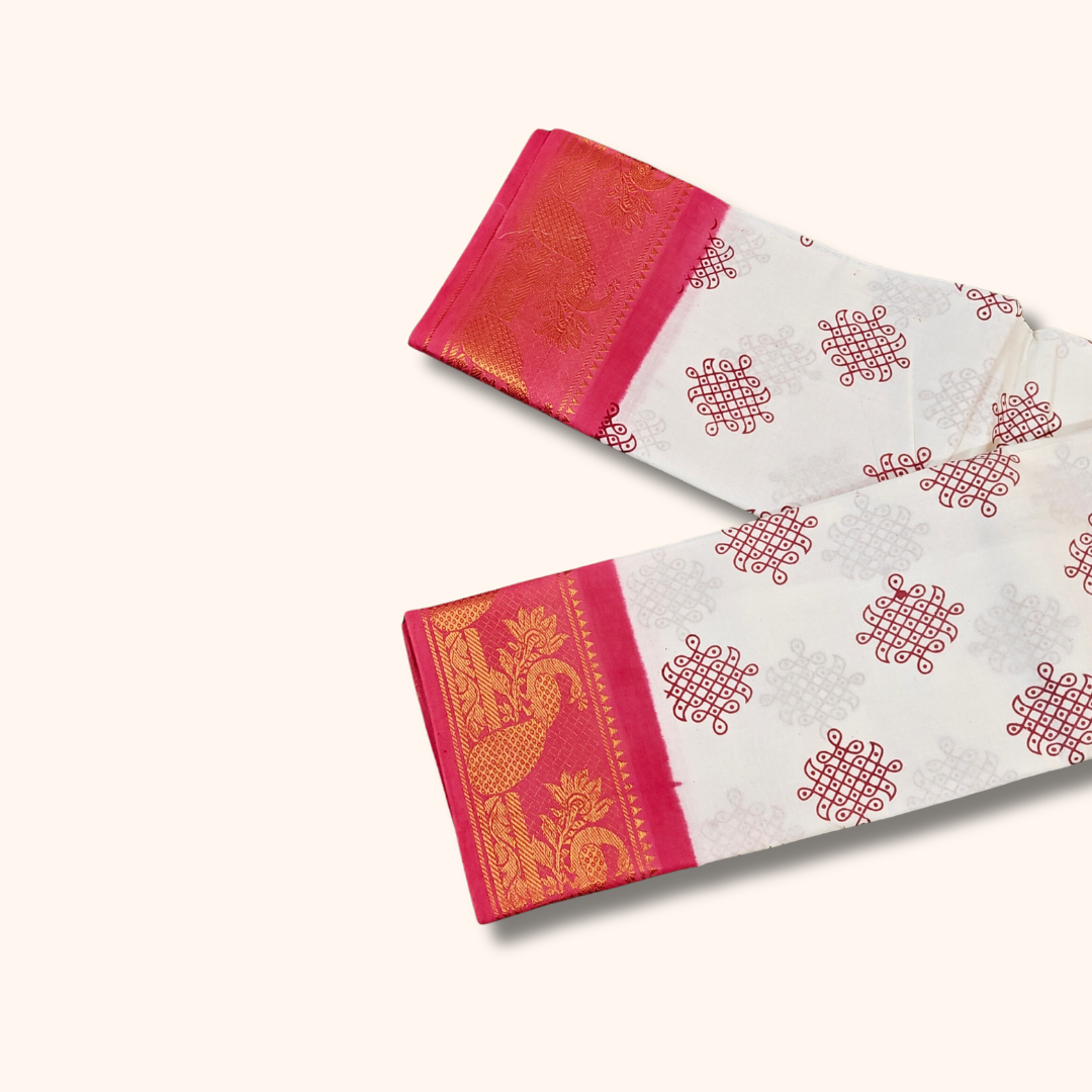 White Kolam Cotton Saree with Rani Pink Peacock Zari Border