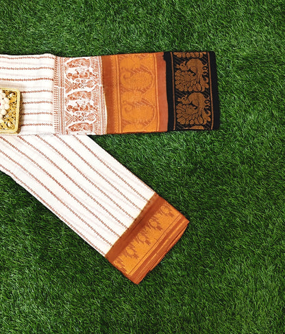 Off-White Sungudi Cotton Saree with Traditional Stripes & Double Contrast Border