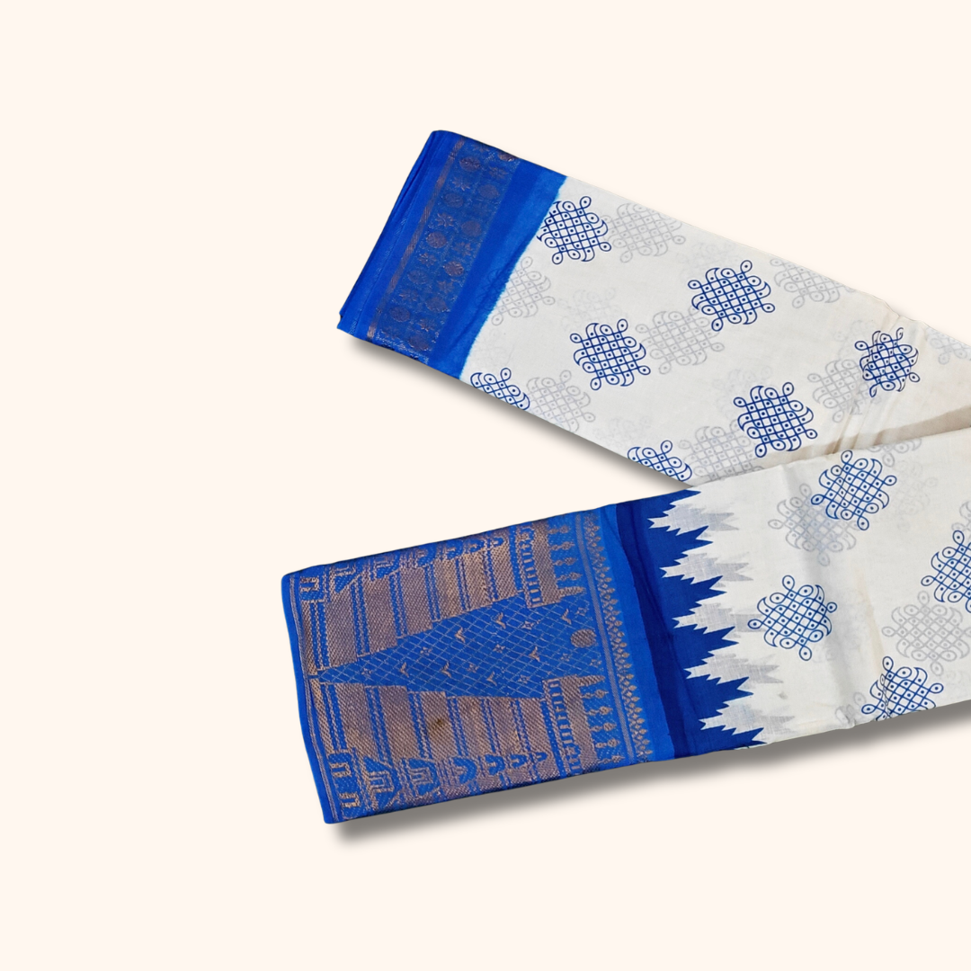 White Cotton Saree with Royal Blue Temple Border – Without Blouse