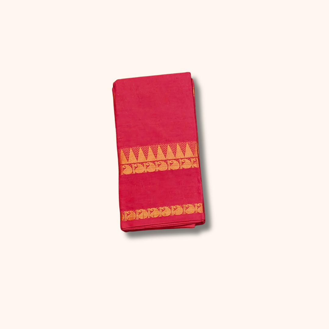 Red Cotton Saree with Gold Zari Stripes & Traditional Border – Running Blouse Included