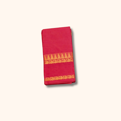 Red Cotton Saree with Gold Zari Stripes & Traditional Border – Running Blouse Included