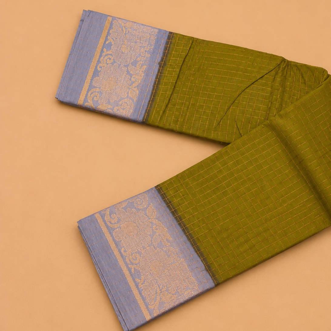 Beautiful Olive Green Cotton Saree with Gold Zari Border