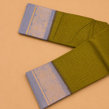 Beautiful Olive Green Cotton Saree with Gold Zari Border