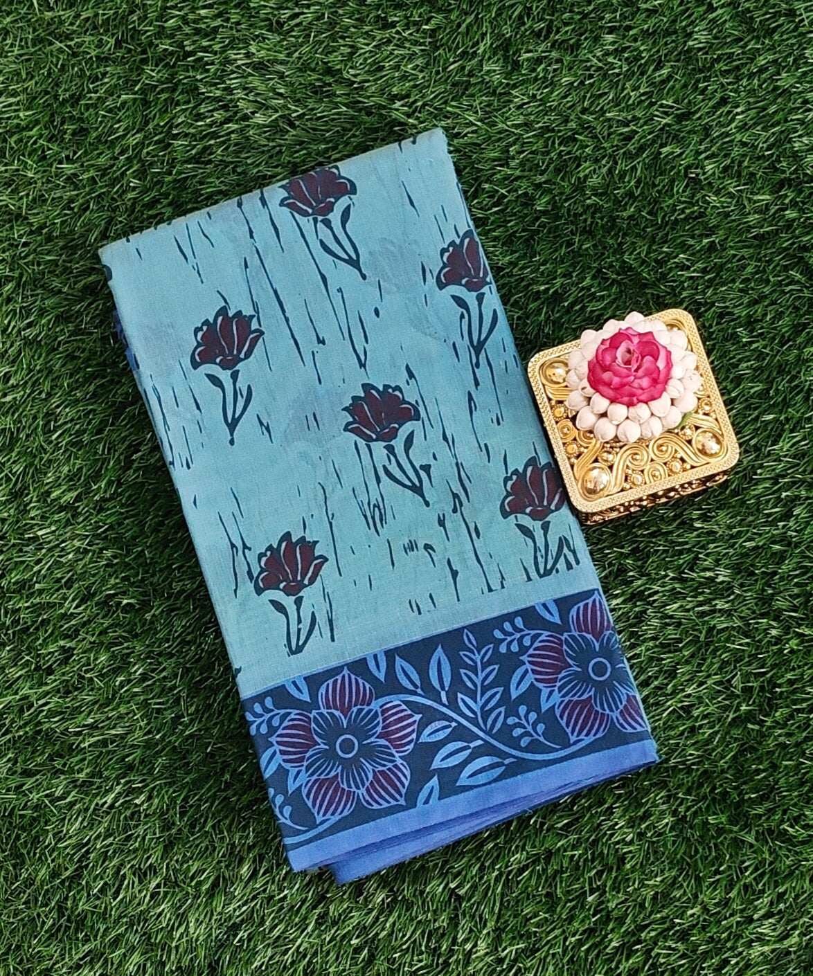 South Indian Pure Cotton Saree with Floral Block Print