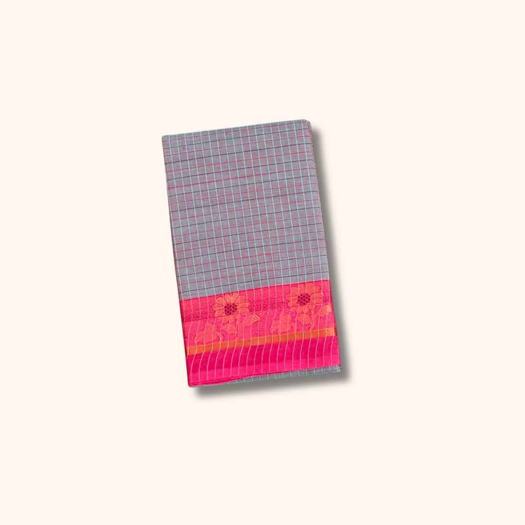 Teal green Checked Chettinad Cotton Saree with Floral Border