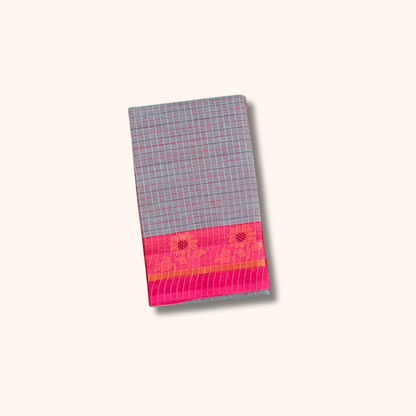 Teal green Checked Chettinad Cotton Saree with Floral Border
