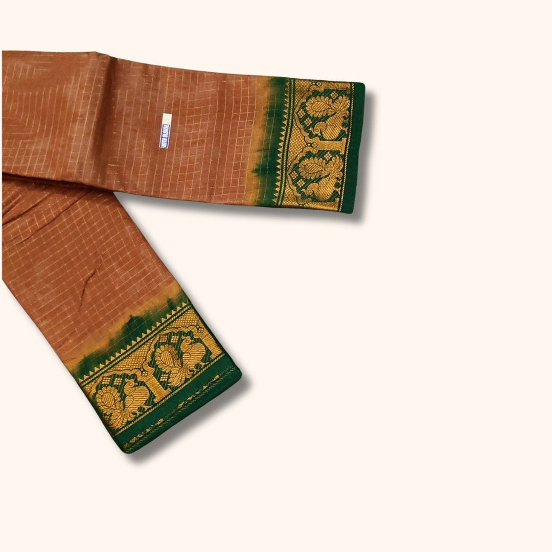 Coffee Brown Thread Work Sungudi Cotton Saree with Green Peacock Zari Border