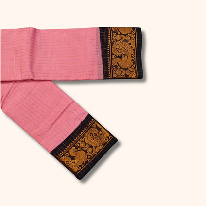 Baby Pink Thread Work Sungudi Cotton Saree with Black Peacock Zari Border