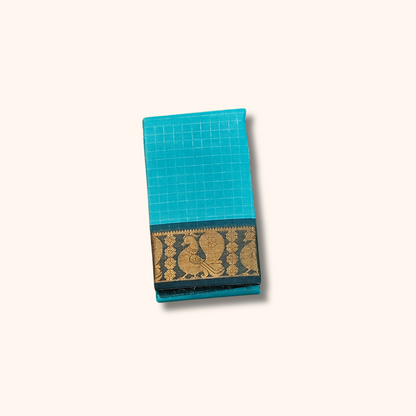 Turquoise Blue Chettinad Cotton Saree with Peacock Zari Border