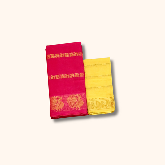 Bright Pink Cotton Saree with Gold Zari Stripes & Peacock Border – Separate Yellow Blouse Piece