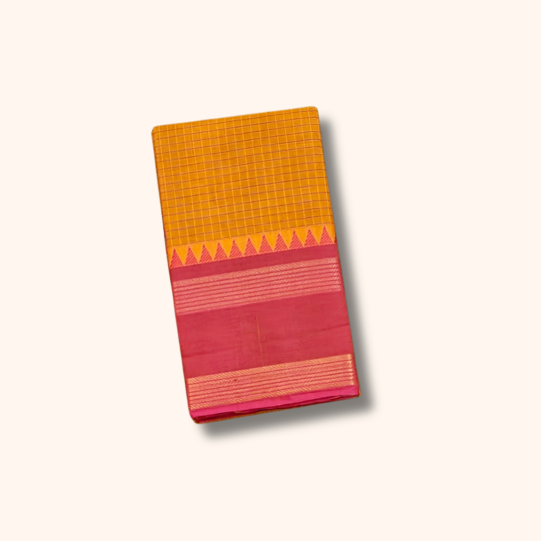Mustard Checked Chettinad Cotton Saree with Pink Temple Border