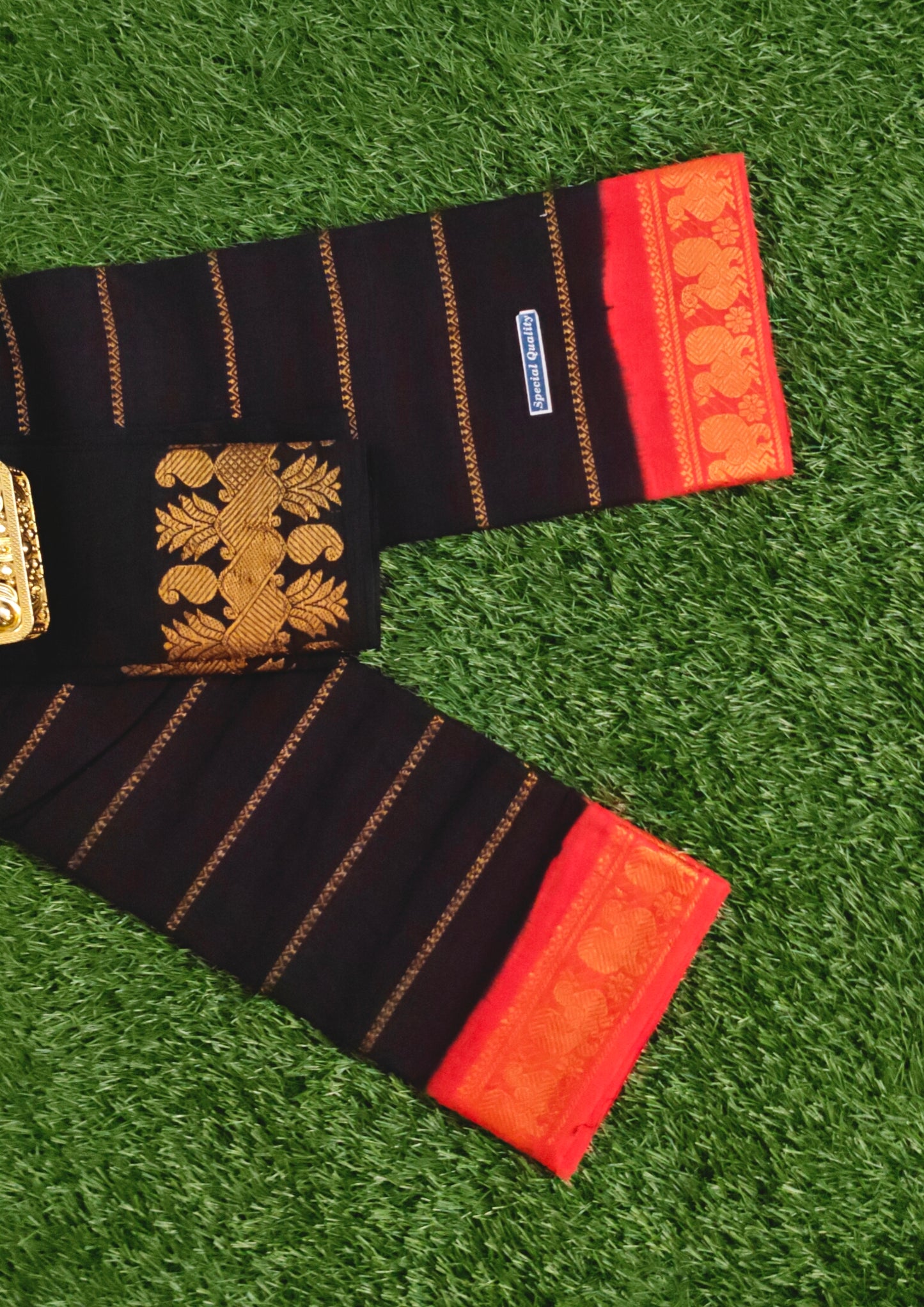 Black Cotton Saree with Red Border & Woven Motif Pallu