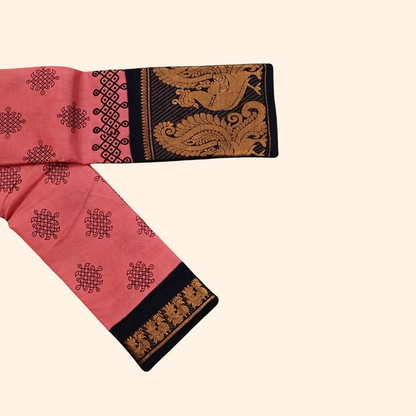 Rose Pink Kolam Cotton Saree with Dark Blue Peacock Border