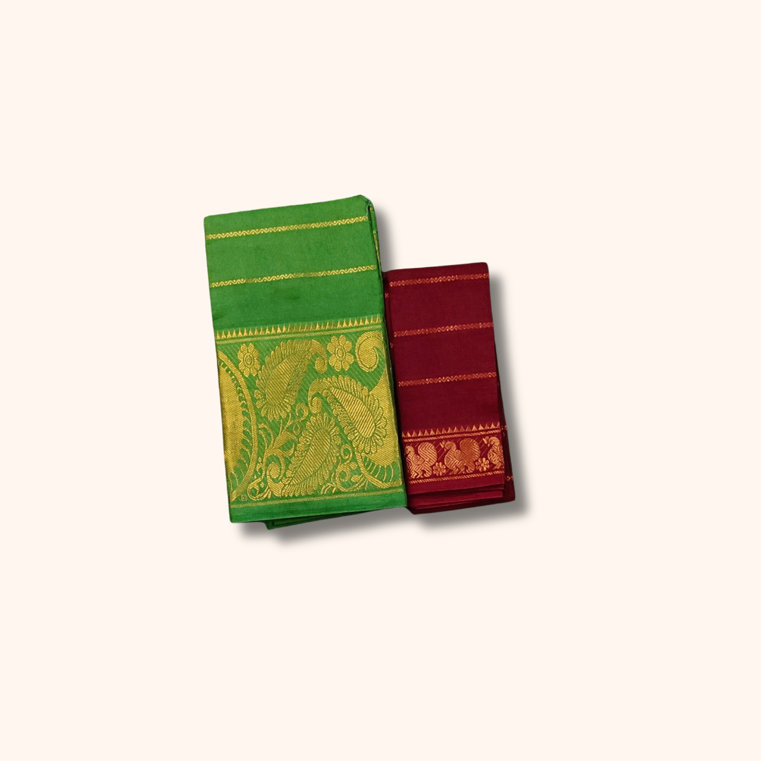 Green Pure Sungudi Cotton Saree with Gold Zari Floral Pallu & Maroon Blouse Piece