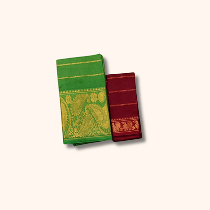 Green Pure Sungudi Cotton Saree with Gold Zari Floral Pallu & Maroon Blouse Piece