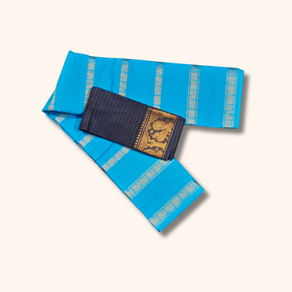 Sky Blue Cotton Saree with Silver Zari Stripes & Separate Blouse