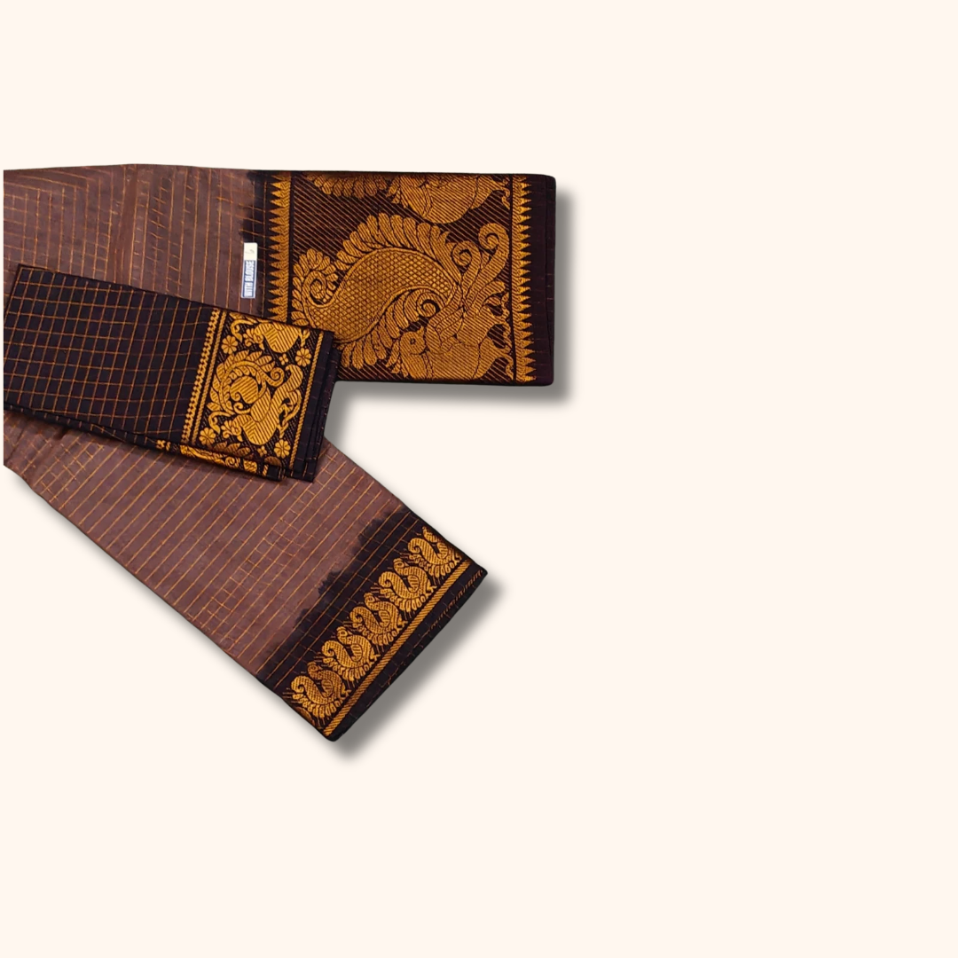 Brown Checked Sungudi Cotton Saree with Peacock Zari Border