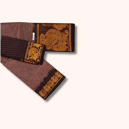 Brown Checked Sungudi Cotton Saree with Peacock Zari Border