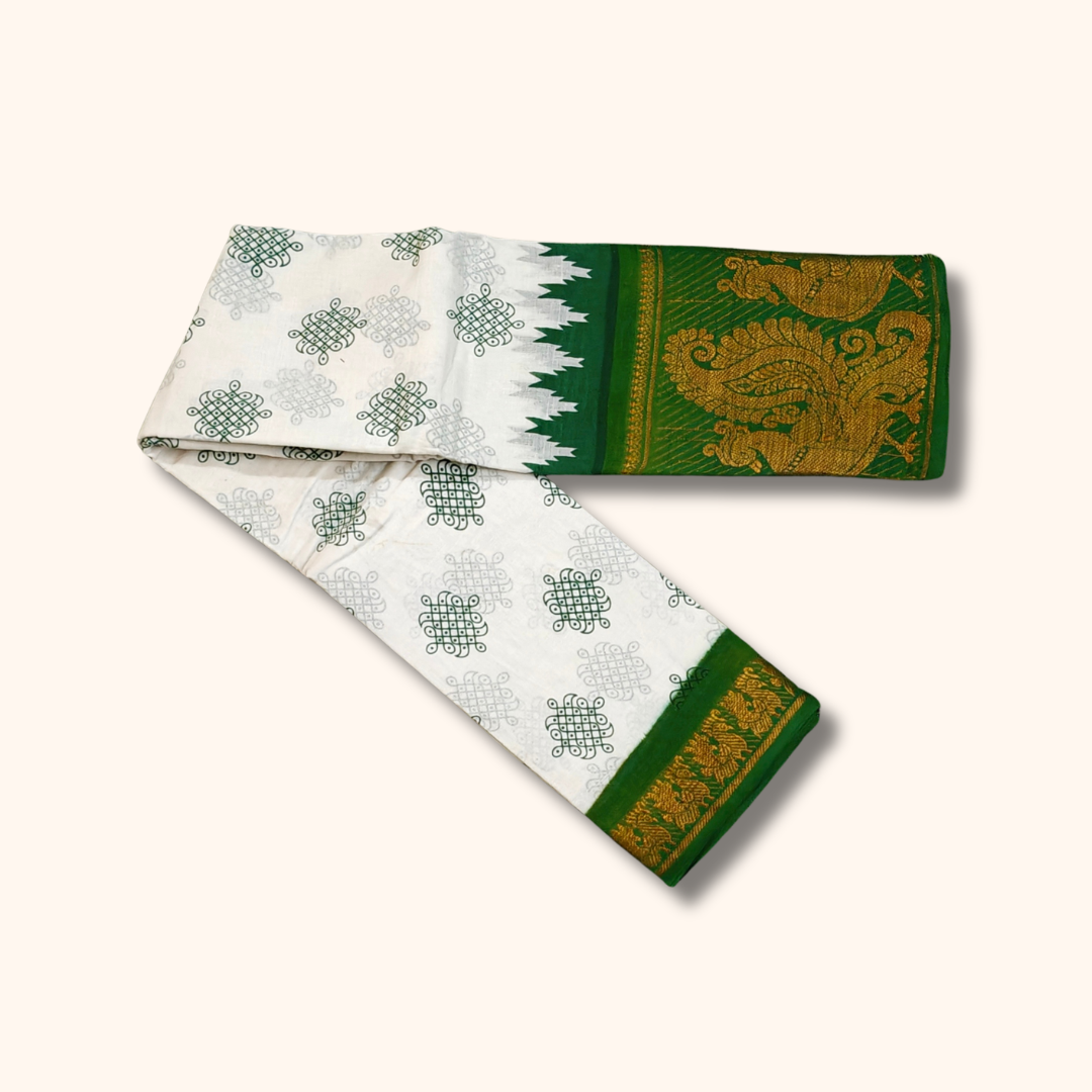 White Sungudi Cotton Saree with Green and Gold Zari Peacock Border – No Blouse Included