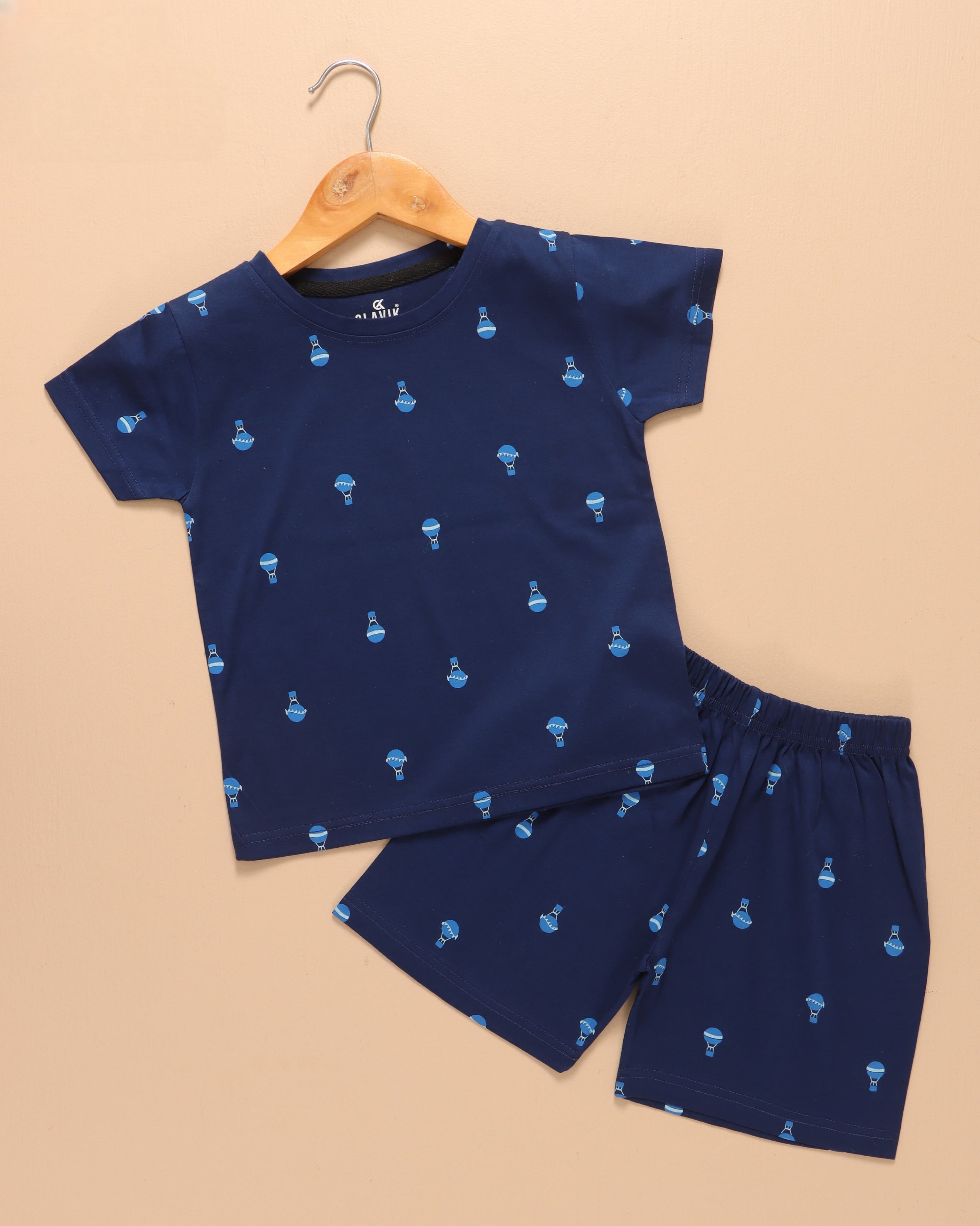 Kids Unisex Pure Cotton T-Shirt & Shorts Set – Navy Blue Balloon Print