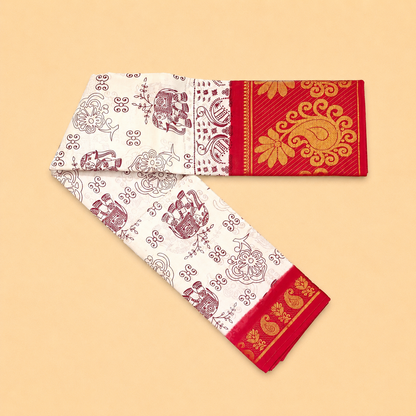 White and Red Printed Cotton Saree with Traditional Motif Border