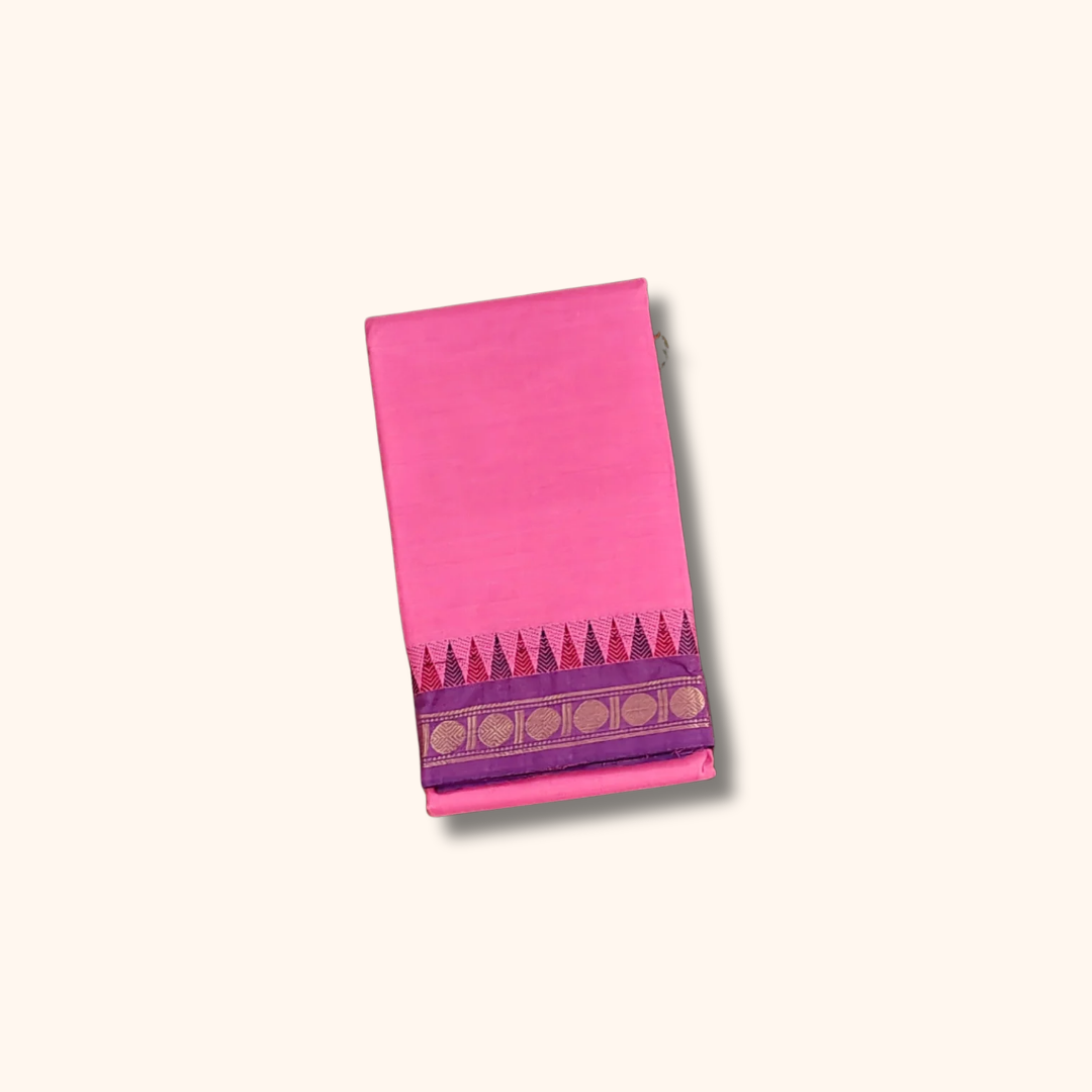 Pink Thread Work Zari Chettinad Cotton Saree Temple Border