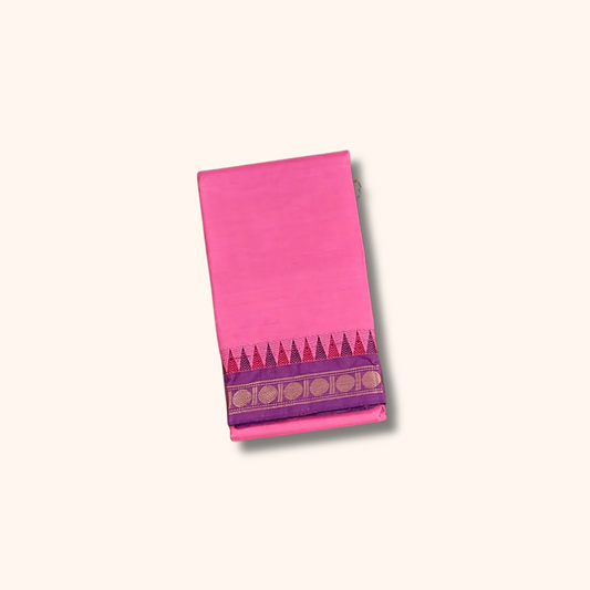 Pink Thread Work Zari Chettinad Cotton Saree Temple Border