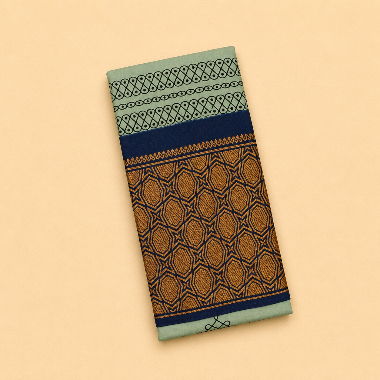 Mint Green Printed Cotton Saree with Navy Blue Designer Border