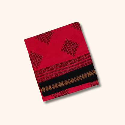 Red Soft Cotton Saree with Dark Blue Border